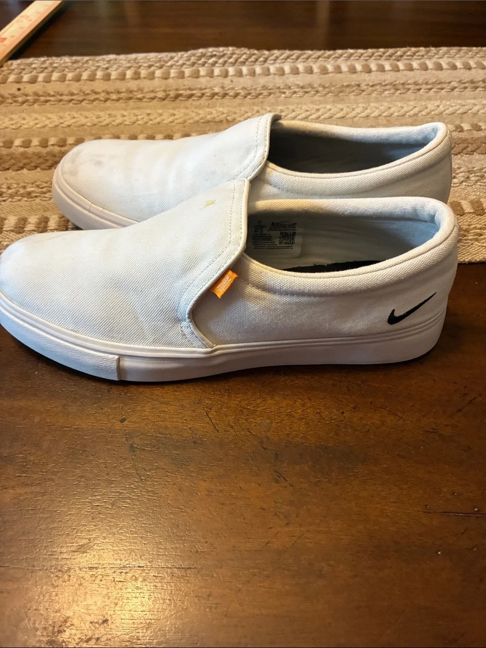 Nike White Canvas Court Royale Slip-On Loafers with Black Swoosh